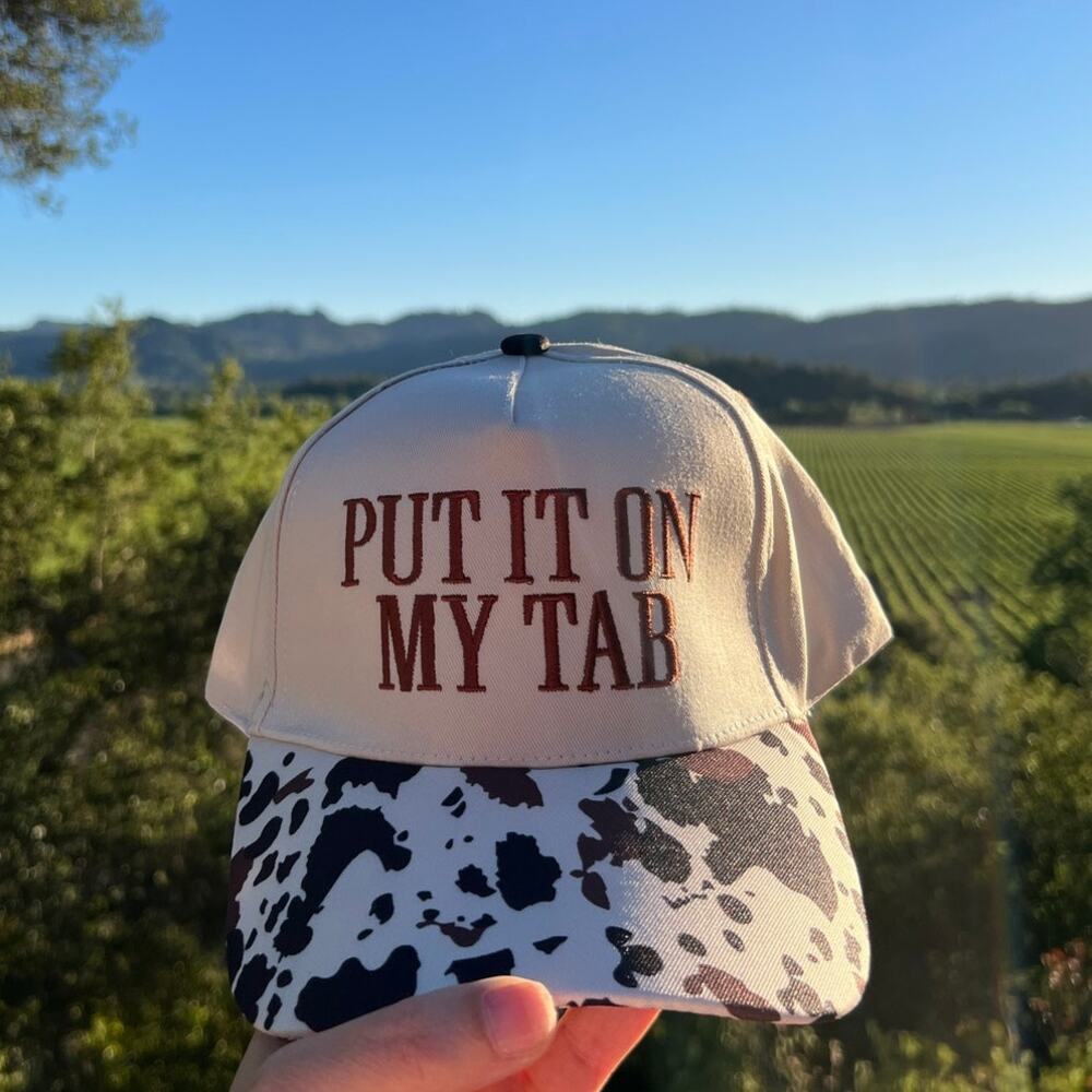 Put It On My Tab Embroidered Cow Print Trucker Hat Mesh Snapback Adjustable